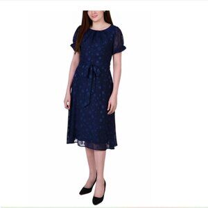 NWT NY Collection Cap Sleeve Fit & Flare Belted Navy Swiss Dot Midi Dress PL